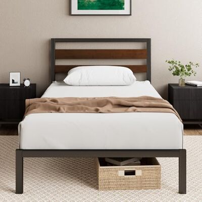 Zinus Kai Bed 90 x 200 cm 80 cm hoog duurzaam bedframe van bamboe en metaal met hoofdeinde metalen bed met lattenbodem ruimte onder bed eenvoudige montage zwart en bruin Zinus Kai Bed 90 x 200 cm 80 cm hoog duurzaam bedframe van bamboe en metaal met hoofdeinde metalen bed met lattenbodem ruimte onder bed eenvoudige montage zwart en bruin