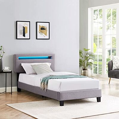 IDIMEX Austin Led-eenpersoonsbed 90 x 190 cm met lattenbodem, in hoogte verstelbaar hoofdeinde, van stof, grijs, Austin IDIMEX Austin Led-eenpersoonsbed 90 x 190 cm met lattenbodem, in hoogte verstelbaar hoofdeinde, van stof, grijs, Austin