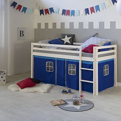 Homestyle4u 519, kinderbed met ladder, gordijn blauw, massief grenenhout, wit, 90 x 200 cm Homestyle4u 519, kinderbed met ladder, gordijn blauw, massief grenenhout, wit, 90 x 200 cm