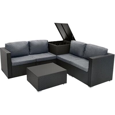 Monster Cable Tuinmeubelset van rotan, zwart, 6-delig, modulaire bank, 4-zits, met kussens, salontafel, boven van glas, opbergdoos, 250 l, wasbare hoezen voor buiten, terras, veranda, waterdichte afdekking Monster Cable Tuinmeubelset van rotan, zwart, 6-delig, modulaire bank, 4-zits, met kussens, salontafel, boven van glas, opbergdoos, 250 l, wasbare hoezen voor buiten, terras, veranda, waterdichte afdekking
