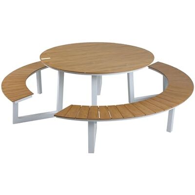 AXI Taco Ronde picknicktafel van teak en wit voor 6 personen, 200 x 190 cm, picknicktafel, picknicktafel, ronde picknicktafel voor volwassenen, van aluminium en polywood AXI Taco Ronde picknicktafel van teak en wit voor 6 personen, 200 x 190 cm, picknicktafel, picknicktafel, ronde picknicktafel voor volwassenen, van aluminium en polywood
