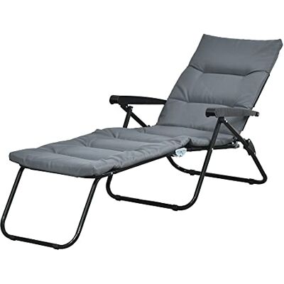 Outsunny Bain de Soleil Opvouwbare ligstoel, kantelbaar, 6 posities, hoog comfort, met matras + armleuningen, staal, polyester, grijs Outsunny Bain de Soleil Opvouwbare ligstoel, kantelbaar, 6 posities, hoog comfort, met matras + armleuningen, staal, polyester, grijs