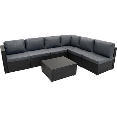 Monster Cable Tuinmeubelset van rotan, zwart, 7-delig, modulaire bank, 5-zits, met kussens, salontafel, bovenkant van glas, uv-bescherming, wasbaar, voor buiten, terras, veranda, waterdichte afdekking Monster Cable Tuinmeubelset van rotan, zwart, 7-delig, modulaire bank, 5-zits, met kussens, salontafel, bovenkant van glas, uv-bescherming, wasbaar, voor buiten, terras, veranda, waterdichte afdekking