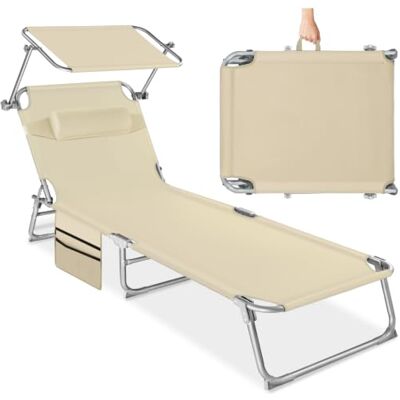 tectake Draagbare klapstoel met zijvak, strandstoel met dak, verstelbare rugleuning, inclusief kussen, voor balkon, terras, camping, beige tectake Draagbare klapstoel met zijvak, strandstoel met dak, verstelbare rugleuning, inclusief kussen, voor balkon, terras, camping, beige