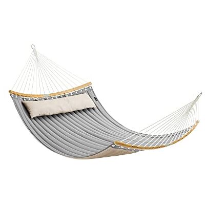 SONGMICS Gewatteerde dubbele hangmat, met afneembare gebogen beschermstangen van bamboe, met kussen, Oxford-weefsel, 200 x 140 cm, belasting 225 kg, grijs en beige GDC34CG SONGMICS Gewatteerde dubbele hangmat, met afneembare gebogen beschermstangen van bamboe, met kussen, Oxford-weefsel, 200 x 140 cm, belasting 225 kg, grijs en beige GDC34CG