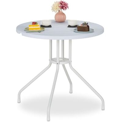 Relaxdays Ronde tuintafel H x D 74 x 80 cm, houtlook, rond, balkon, terras, kunststof en staal, wit Relaxdays Ronde tuintafel H x D 74 x 80 cm, houtlook, rond, balkon, terras, kunststof en staal, wit
