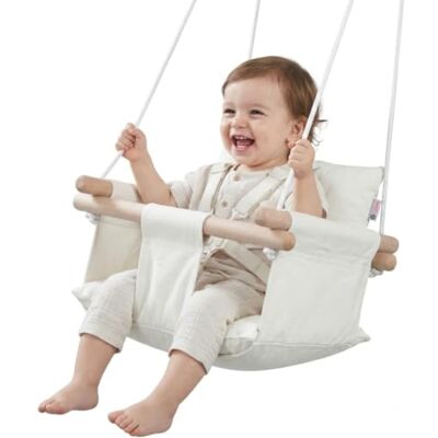 Cateam Babyschommel van canvas, hangende schommel van hout met veiligheidsgordel, duurzame hangmat stoel voor baby's, buiten- en binnenschommel voor kinderen, ivoorkleurig Cateam Babyschommel van canvas, hangende schommel van hout met veiligheidsgordel, duurzame hangmat stoel voor baby's, buiten- en binnenschommel voor kinderen, ivoorkleurig