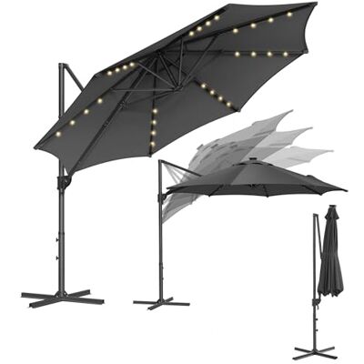 SONGMICS Parasol met ledverlichting op zonne-energie, 32 ledlampen, diameter 300 cm, met standaard, uv-bescherming tot UPF 50+, met zwengel, voor tuin, terras, grijs. 300 cm SONGMICS Parasol met ledverlichting op zonne-energie, 32 ledlampen, diameter 300 cm, met standaard, uv-bescherming tot UPF 50+, met zwengel, voor tuin, terras, grijs. 300 cm