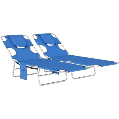 Outsunny Opvouwbare ligstoelen, set van 2, strandligstoel met leesgat, armsleuven, 5-voudig verstelbare rugleuning, zijvak, kussen voor tuin, strand, camping, blauw Outsunny Opvouwbare ligstoelen, set van 2, strandligstoel met leesgat, armsleuven, 5-voudig verstelbare rugleuning, zijvak, kussen voor tuin, strand, camping, blauw