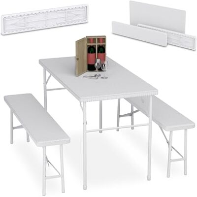Relaxdays Set van 3 opvouwbare bierbanken met grote tafel, tuin, paviljoen, rotanlook, wit Relaxdays Set van 3 opvouwbare bierbanken met grote tafel, tuin, paviljoen, rotanlook, wit