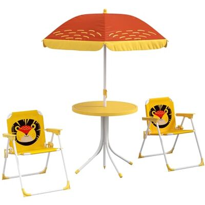 Outsunny Tuinmeubelset voor kinderen, 4-delig met leeuwenmotief, tafelset en 2 tuinstoelen, met verstelbare parasol Ø 100 cm, klapstoel, voor terras, balkon, strand, geel Outsunny Tuinmeubelset voor kinderen, 4-delig met leeuwenmotief, tafelset en 2 tuinstoelen, met verstelbare parasol Ø 100 cm, klapstoel, voor terras, balkon, strand, geel