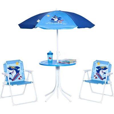 Outsunny Kinderset, 4-delig, tuintafel, 2 klapstoelen, parasol, camping, voor kinderen van 3 tot 6 jaar, blauw Outsunny Kinderset, 4-delig, tuintafel, 2 klapstoelen, parasol, camping, voor kinderen van 3 tot 6 jaar, blauw