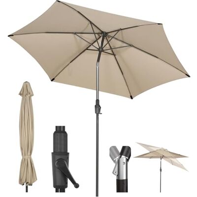Sekey 270 cm parasol met zwengel en automatische wip, marktparasol, voor terras, balkon en tuin, winddicht en stabiel, UPF 50+, taupe, rond Sekey 270 cm parasol met zwengel en automatische wip, marktparasol, voor terras, balkon en tuin, winddicht en stabiel, UPF 50+, taupe, rond