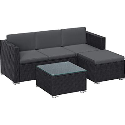 SONGMICS Tuinmeubelset, handgeweven PE-gevlochten oppervlak, hoekbank, met kussens, glazen tafelblad, zwart en grijs GGF005B04 SONGMICS Tuinmeubelset, handgeweven PE-gevlochten oppervlak, hoekbank, met kussens, glazen tafelblad, zwart en grijs GGF005B04