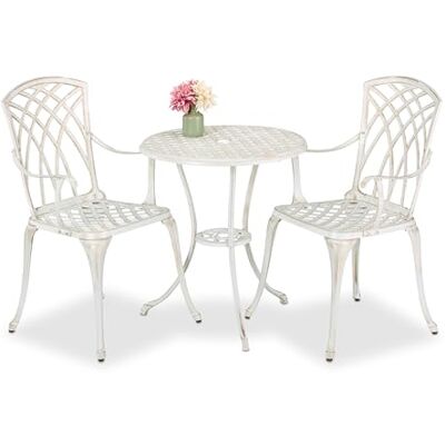 Relaxdays Tuinmeubelen voor 2 personen, tafel met 2 stoelen, gegoten aluminium, antiek design, wit en brons Relaxdays Tuinmeubelen voor 2 personen, tafel met 2 stoelen, gegoten aluminium, antiek design, wit en brons