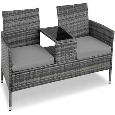 tectake Buitenbank met geïntegreerde tafel voor 2, tuinlounge voor balkon, rotan meubels, grijs/lichtgrijs tectake Buitenbank met geïntegreerde tafel voor 2, tuinlounge voor balkon, rotan meubels, grijs/lichtgrijs