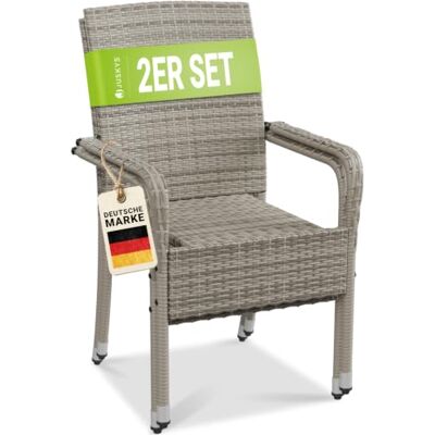Juskys Yoro Set van 2 stapelbare tuinstoelen van polyrotan met armleuningen en rugleuning, 2 stapelstoelen, grijs gemêleerd Juskys Yoro Set van 2 stapelbare tuinstoelen van polyrotan met armleuningen en rugleuning, 2 stapelstoelen, grijs gemêleerd