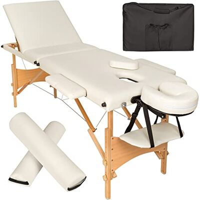 tectake ® Massagetafel met 3 zones, draagvermogen tot 250 kg, mobiele massagebank, rolkussenset, houten frame, behandelbank, draagtas, als stoel tectake ® Massagetafel met 3 zones, draagvermogen tot 250 kg, mobiele massagebank, rolkussenset, houten frame, behandelbank, draagtas, als stoel