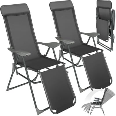 tectake Set van 2 aluminium ligstoelen Verstelbare rugleuning Voet- en hoofdsteun Licht en opvouwbaar Camping, tuin, balkon Antraciet tectake Set van 2 aluminium ligstoelen Verstelbare rugleuning Voet- en hoofdsteun Licht en opvouwbaar Camping, tuin, balkon Antraciet