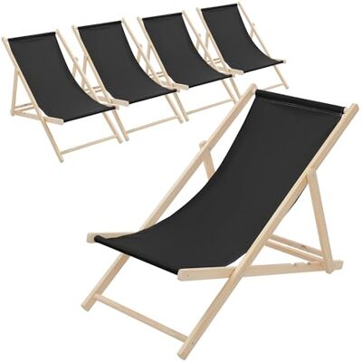 ECD Germany Set van 5 opvouwbare ligstoelen van Chileense hout, zwart, verstelbare rugleuning, 3 ligposities, tot 120 kg, zonnebed van stof voor strand, tuin, terras, camping ECD Germany Set van 5 opvouwbare ligstoelen van Chileense hout, zwart, verstelbare rugleuning, 3 ligposities, tot 120 kg, zonnebed van stof voor strand, tuin, terras, camping