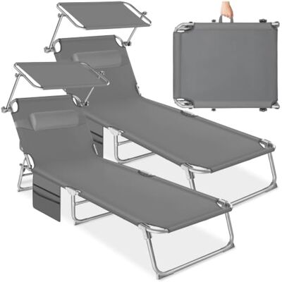 tectake Set van 2 opvouwbare en draagbare ligstoelen met zijzak, strandligstoel met dak, ligstoel met verstelbare rugleuning, kussen voor balkon, terras (grijs) tectake Set van 2 opvouwbare en draagbare ligstoelen met zijzak, strandligstoel met dak, ligstoel met verstelbare rugleuning, kussen voor balkon, terras (grijs)
