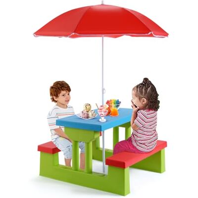 DREAMADE Tuinmeubelen voor kinderen, met parasol, kleurrijke picknicktafel voor kinderen, 67 x 41 x 47 cm, met bank 67 x 15,5 x 24 cm, ideaal voor bistro, tuin, balkon (groen) DREAMADE Tuinmeubelen voor kinderen, met parasol, kleurrijke picknicktafel voor kinderen, 67 x 41 x 47 cm, met bank 67 x 15,5 x 24 cm, ideaal voor bistro, tuin, balkon (groen)