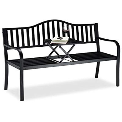 Relaxdays tuinbank met klaptafel, 3-zits, geïntegreerd tafelblad, weerbestendig, HxBxD 90 x 150 x 57,5 cm, zwart Relaxdays tuinbank met klaptafel, 3-zits, geïntegreerd tafelblad, weerbestendig, HxBxD 90 x 150 x 57,5 cm, zwart
