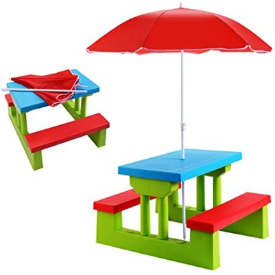 COSTWAY Picknicktafel voor kinderen, met afneembare parasol, tuinmeubelen voor kinderen, met 1 tafel en 2 kleurrijke banken, robuust frame voor tuin, terras, terras, 107 x 107 x 137 cm COSTWAY Picknicktafel voor kinderen, met afneembare parasol, tuinmeubelen voor kinderen, met 1 tafel en 2 kleurrijke banken, robuust frame voor tuin, terras, terras, 107 x 107 x 137 cm