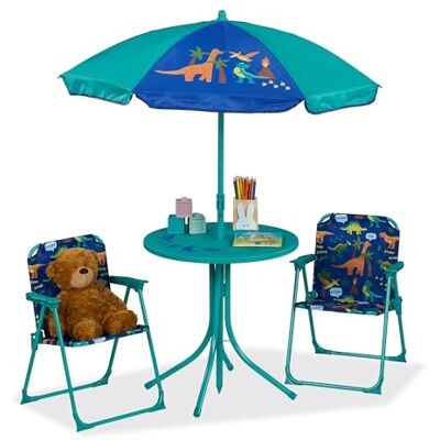 Relaxdays Campinglounge voor kinderen, dinosaurus, met parasol, klapstoelen, tuintafel, turquoise Relaxdays Campinglounge voor kinderen, dinosaurus, met parasol, klapstoelen, tuintafel, turquoise