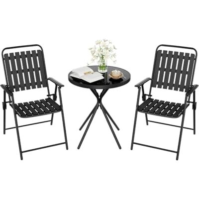 WOLTU Tuinmeubelset, 3-delig, bistrotafel en 2 klapstoelen, metaal, weerbestendig en stabiel, voor balkon, terras, tuin, zwart WOLTU Tuinmeubelset, 3-delig, bistrotafel en 2 klapstoelen, metaal, weerbestendig en stabiel, voor balkon, terras, tuin, zwart