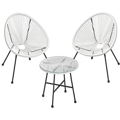 SONGMICS Tuinmeubelset, 3-delig, Acapulco stoel, buitenzitting, tafel met glasplaat en 2 stoelen, gesprekset, binnen en buiten, wit GGF013W02 SONGMICS Tuinmeubelset, 3-delig, Acapulco stoel, buitenzitting, tafel met glasplaat en 2 stoelen, gesprekset, binnen en buiten, wit GGF013W02