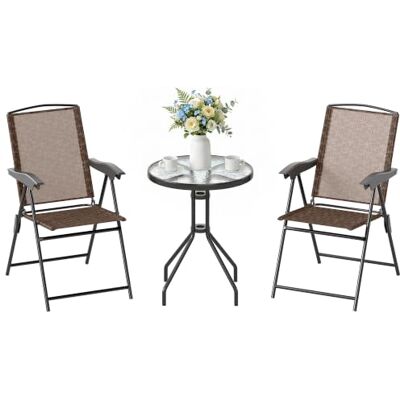 Outsunny Tuinset, 3 stuks, 2 stoelen, kantelbaar, rond, bruin Meerdere posities, opvouwbaar, gehard glas, textielmetaal, voor balkon Outsunny Tuinset, 3 stuks, 2 stoelen, kantelbaar, rond, bruin Meerdere posities, opvouwbaar, gehard glas, textielmetaal, voor balkon