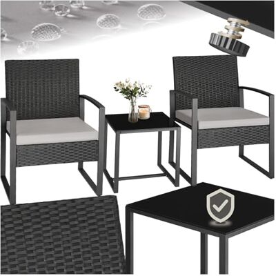 tectake ® Comfortabele bistroset van rieten, 3-delig, 2 stoelen en 1 tafel met glasplaat, eenvoudige montage, bistrostoelen en tafel voor tuin, terras, zwart/grijs tectake ® Comfortabele bistroset van rieten, 3-delig, 2 stoelen en 1 tafel met glasplaat, eenvoudige montage, bistrostoelen en tafel voor tuin, terras, zwart/grijs