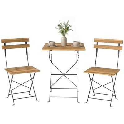 Outsunny Tuinmeubelset, 3-delig, terrasmeubilair met vierkante tafel van acaciahout en 2 klapstoelen, metalen frame, ideaal voor balkon, terras, tuin, natuur Outsunny Tuinmeubelset, 3-delig, terrasmeubilair met vierkante tafel van acaciahout en 2 klapstoelen, metalen frame, ideaal voor balkon, terras, tuin, natuur