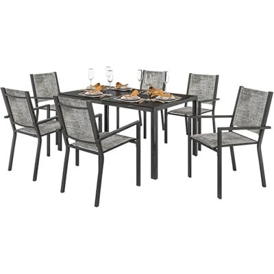Outsunny Tuinmeubelen voor buiten, 7-delig, tuintafel voor buiten met 6 stapelbare stoelen, lattenbodem 150 cm, frame van roestvrij staal, tuinmeubelen, terras, patio, zwart Outsunny Tuinmeubelen voor buiten, 7-delig, tuintafel voor buiten met 6 stapelbare stoelen, lattenbodem 150 cm, frame van roestvrij staal, tuinmeubelen, terras, patio, zwart