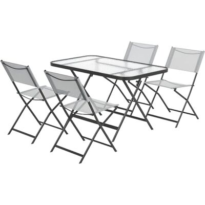 Outsunny Tuinset, 4 stoelen + 1 tafel, tuinmeubelen, 5 stuks, stapelbaar, textielstoelen en dienblad van gehard glas, grijs Outsunny Tuinset, 4 stoelen + 1 tafel, tuinmeubelen, 5 stuks, stapelbaar, textielstoelen en dienblad van gehard glas, grijs