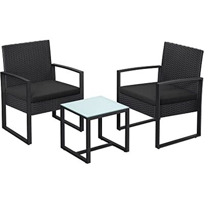 SONGMICS Tuinmeubelset voor buiten, 3-delig, oppervlak gevlochten van polyethyleen, voor bistro's, terras, tuin, balkon, eenvoudige montage, 2 stoelen en 1 tafel, zwart GGF010B05 SONGMICS Tuinmeubelset voor buiten, 3-delig, oppervlak gevlochten van polyethyleen, voor bistro's, terras, tuin, balkon, eenvoudige montage, 2 stoelen en 1 tafel, zwart GGF010B05