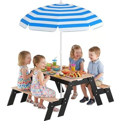 AIYAPLAY Picknicktafel voor kinderen met afneembare parasol, natuurlijk hout 3-in-1 tuinmeubelset van hout voor kinderen van 3-6 jaar, 2 zand- en waterbakken, belasting 50 kg, voor tuin, terras, patio AIYAPLAY Picknicktafel voor kinderen met afneembare parasol, natuurlijk hout 3-in-1 tuinmeubelset van hout voor kinderen van 3-6 jaar, 2 zand- en waterbakken, belasting 50 kg, voor tuin, terras, patio