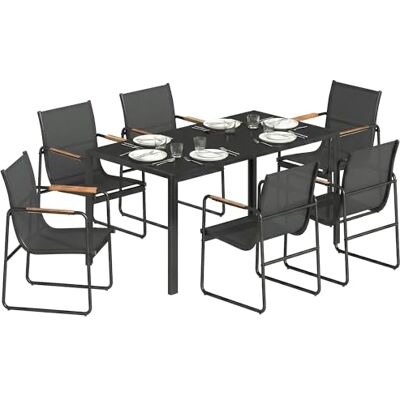 Outsunny Eetkamerset voor buiten, 7-delig, voor 6 personen, glazen tafel en stoelen met decoratieve armleuningen, tuinmeubels van staal voor terras en tuin, zwart Outsunny Eetkamerset voor buiten, 7-delig, voor 6 personen, glazen tafel en stoelen met decoratieve armleuningen, tuinmeubels van staal voor terras en tuin, zwart