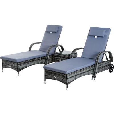 Outsunny Set van 2 ligstoelen met groot comfort: matras grijs Hoofdsteun, meerdere posities, armleuningen, wielen, salontafel, gehard glas, gevlochten hars, tuin buiten Outsunny Set van 2 ligstoelen met groot comfort: matras grijs Hoofdsteun, meerdere posities, armleuningen, wielen, salontafel, gehard glas, gevlochten hars, tuin buiten