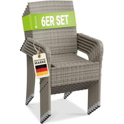 Juskys Yoro Set van 6 stapelbare polyrotan tuinstoelen met armleuningen en rugleuning, grijs gemêleerd Juskys Yoro Set van 6 stapelbare polyrotan tuinstoelen met armleuningen en rugleuning, grijs gemêleerd