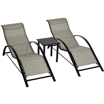 Outsunny Set van 2 zonnebaden, modern design, salontafel, dienblad, gehard glas, metaal, epoxy, textileen, grijs Outsunny Set van 2 zonnebaden, modern design, salontafel, dienblad, gehard glas, metaal, epoxy, textileen, grijs