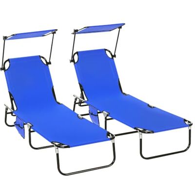 Outsunny Set van 2 klapstoelen met luifel, verstelbare verstelbare ligstoelen met zijvak, stalen frame en ademend mesh voor buiten, zwembad, strand, tuin, blauw Outsunny Set van 2 klapstoelen met luifel, verstelbare verstelbare ligstoelen met zijvak, stalen frame en ademend mesh voor buiten, zwembad, strand, tuin, blauw