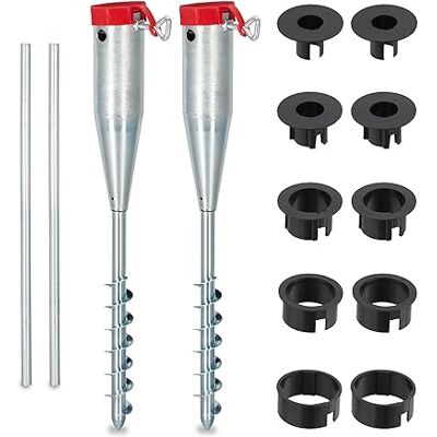 Relaxdays Set van 2 vloerhulzen, parasol en droogmolen, draaibaar, om te schroeven, staafdikte 25-55 mm, grondpen, zilver/rood Relaxdays Set van 2 vloerhulzen, parasol en droogmolen, draaibaar, om te schroeven, staafdikte 25-55 mm, grondpen, zilver/rood