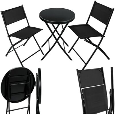 tectake ® Bistro-set, tafel en 2 klapstoelen, kleine ronde eettafel, ruimtebesparend, weerbestendig, voor balkon, terras, tuinmeubelen, zwart tectake ® Bistro-set, tafel en 2 klapstoelen, kleine ronde eettafel, ruimtebesparend, weerbestendig, voor balkon, terras, tuinmeubelen, zwart