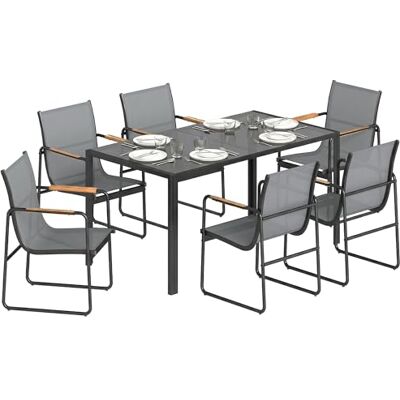 Outsunny Eetkamerset voor buiten, 7-delig, voor 6 personen, glazen tafel en stoelen met decoratieve armleuningen, tuinmeubels van staal voor terras, grijs Outsunny Eetkamerset voor buiten, 7-delig, voor 6 personen, glazen tafel en stoelen met decoratieve armleuningen, tuinmeubels van staal voor terras, grijs