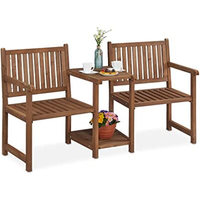 Relaxdays Tuinbank met geïntegreerde tafel, 2-zits, van robuust hout, voor tuin en balkon, 86 x 161 x 61 cm (h x b x d), bruin, 100% Relaxdays Tuinbank met geïntegreerde tafel, 2-zits, van robuust hout, voor tuin en balkon, 86 x 161 x 61 cm (h x b x d), bruin, 100%