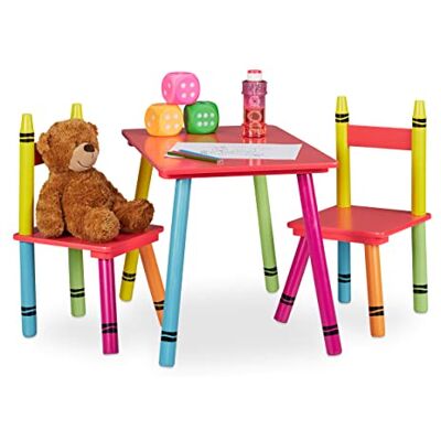 Relaxdays Tuinmeubelset voor kinderen, tafel met 2 stoelen, voor meisjes en jongens, van MDF en hout, zithoek voor kinderkamer, meerkleurig Relaxdays Tuinmeubelset voor kinderen, tafel met 2 stoelen, voor meisjes en jongens, van MDF en hout, zithoek voor kinderkamer, meerkleurig