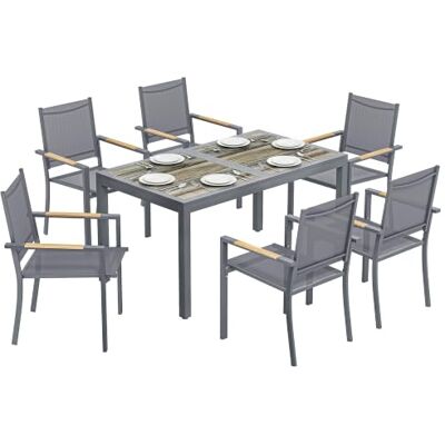 Outsunny Tuinmeubelset, 7-delig, tafel, onderhoudsvrij, grijs antraciet Houtlook, 6 stapelbare stoelen van textileen, tuinmeubelset, robuust, maaltijden op het terras Outsunny Tuinmeubelset, 7-delig, tafel, onderhoudsvrij, grijs antraciet Houtlook, 6 stapelbare stoelen van textileen, tuinmeubelset, robuust, maaltijden op het terras