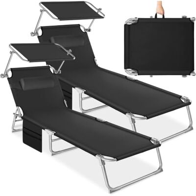 tectake Set van 2 opvouwbare en draagbare ligstoelen met zijzak, strandligstoel met dak, ligstoel met verstelbare rugleuning, kussen voor balkon, terras (zwart) tectake Set van 2 opvouwbare en draagbare ligstoelen met zijzak, strandligstoel met dak, ligstoel met verstelbare rugleuning, kussen voor balkon, terras (zwart)